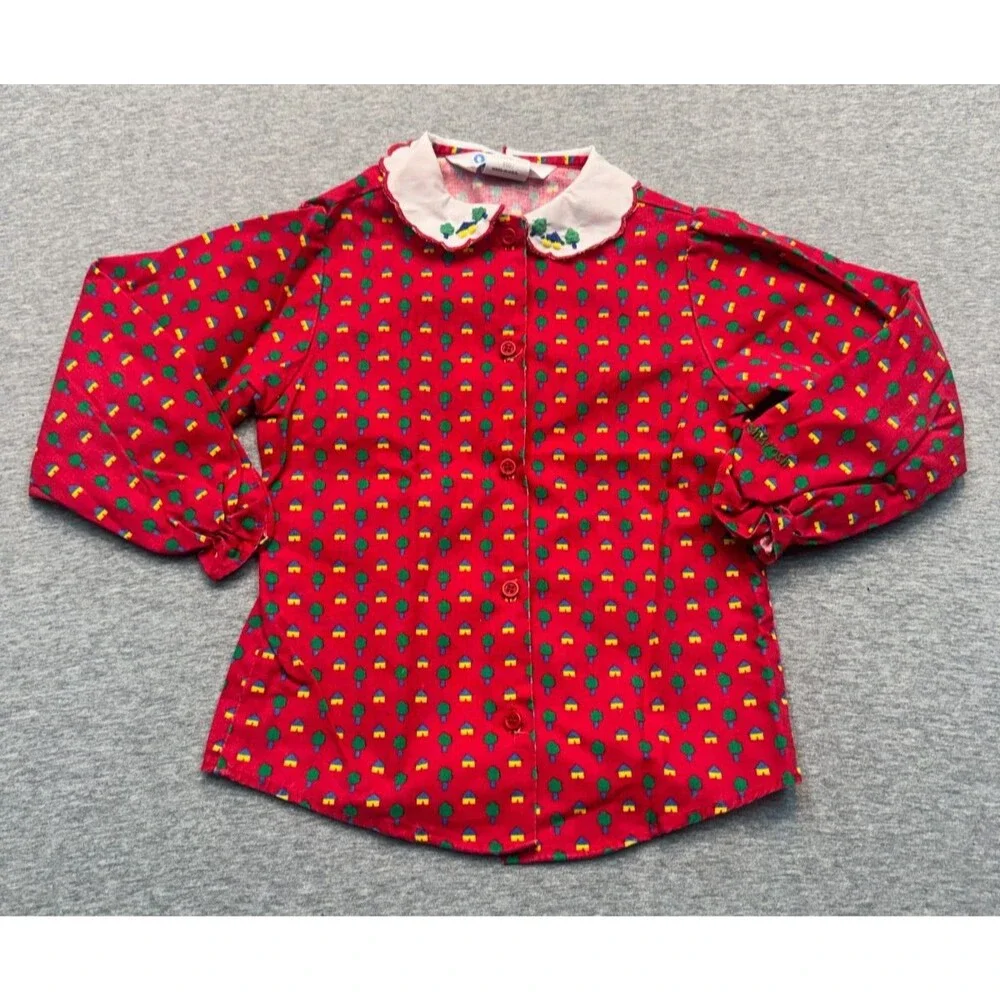 Vintage 80s OshKosh B’Gosh Girls Size 5 Red House Tree Print Blouse USA